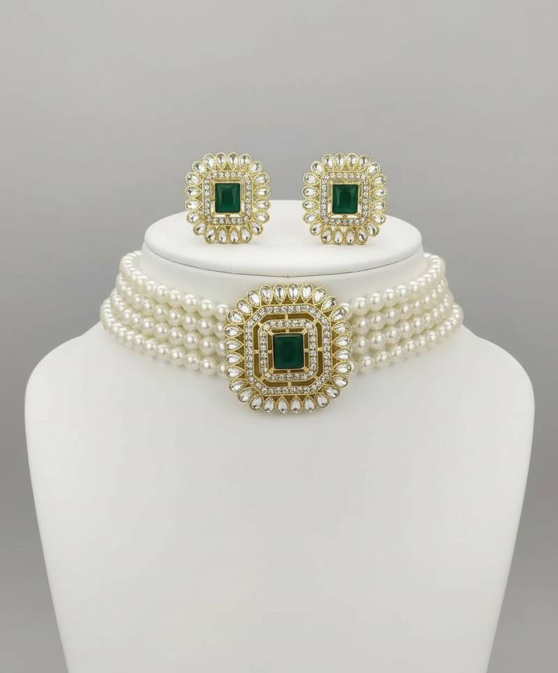 Traditional gold-plated multi-layered pearl choker necklace set  & earrings indian ethnic wedding jewelry