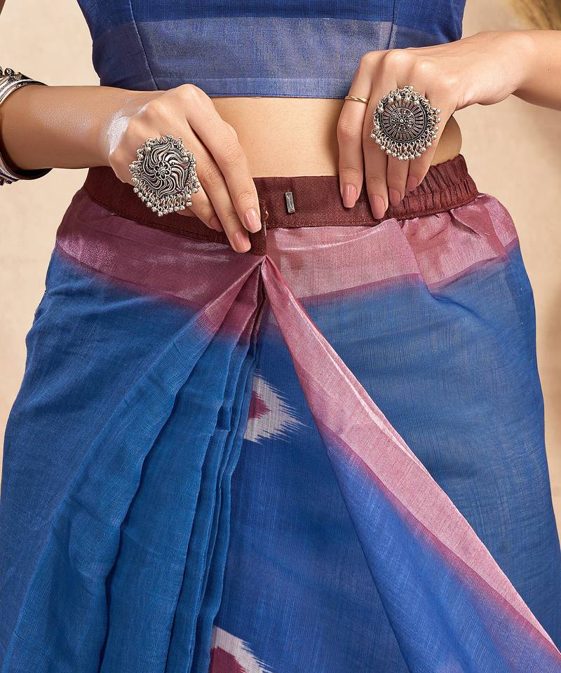 Dark blue linen motifs abstract printed ready to wear saree with pocket