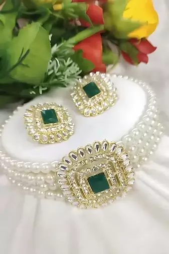 Traditional gold-plated multi-layered pearl choker Necklace :: set  & earrings indian ethnic wedding jewelry