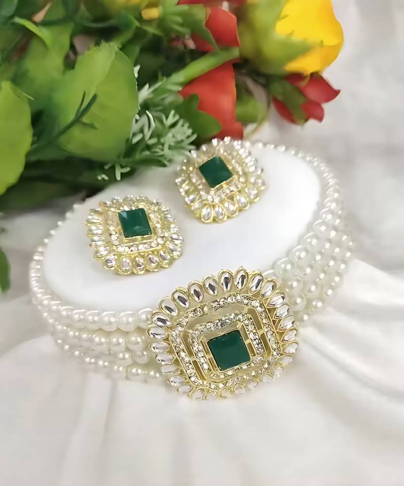 Traditional gold-plated multi-layered pearl choker necklace set  & earrings indian ethnic wedding jewelry