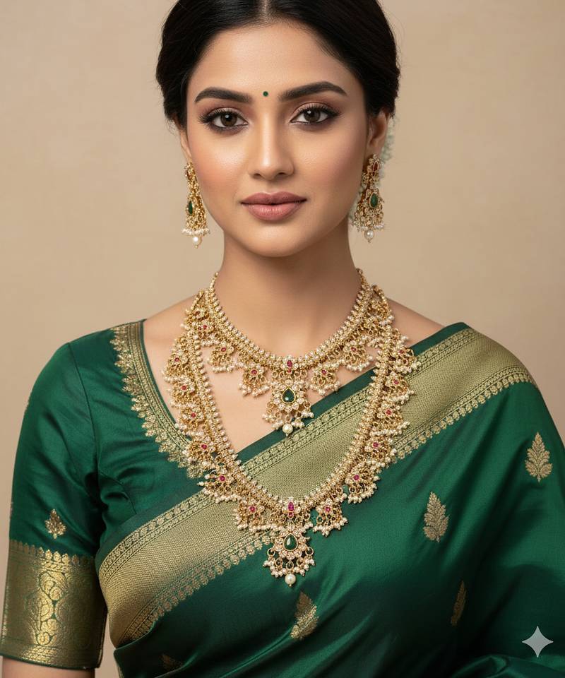 Gold-plated kundan bridal necklace set with long haram & earrings  