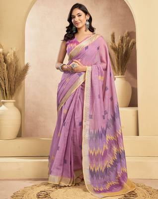 Lavender linen woven sqaure printed ready to wear saree with pocket 1