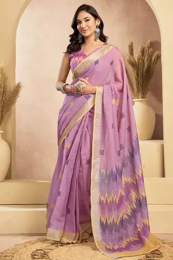 Lavender linen woven sqaure printed ready to wear saree with pocket