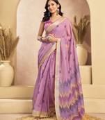 Lavender linen woven sqaure printed ready to wear saree with pocket
