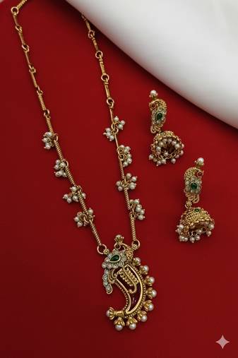 Traditional temple gold-plated peacock necklace set with pearls & jhumka earrings