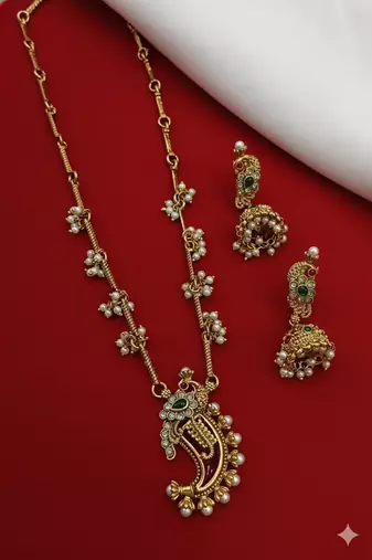 Traditional temple gold-plated peacock necklace set with pearls & jhumka earrings
