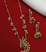 Traditional temple gold-plated peacock necklace set with pearls & jhumka earrings
