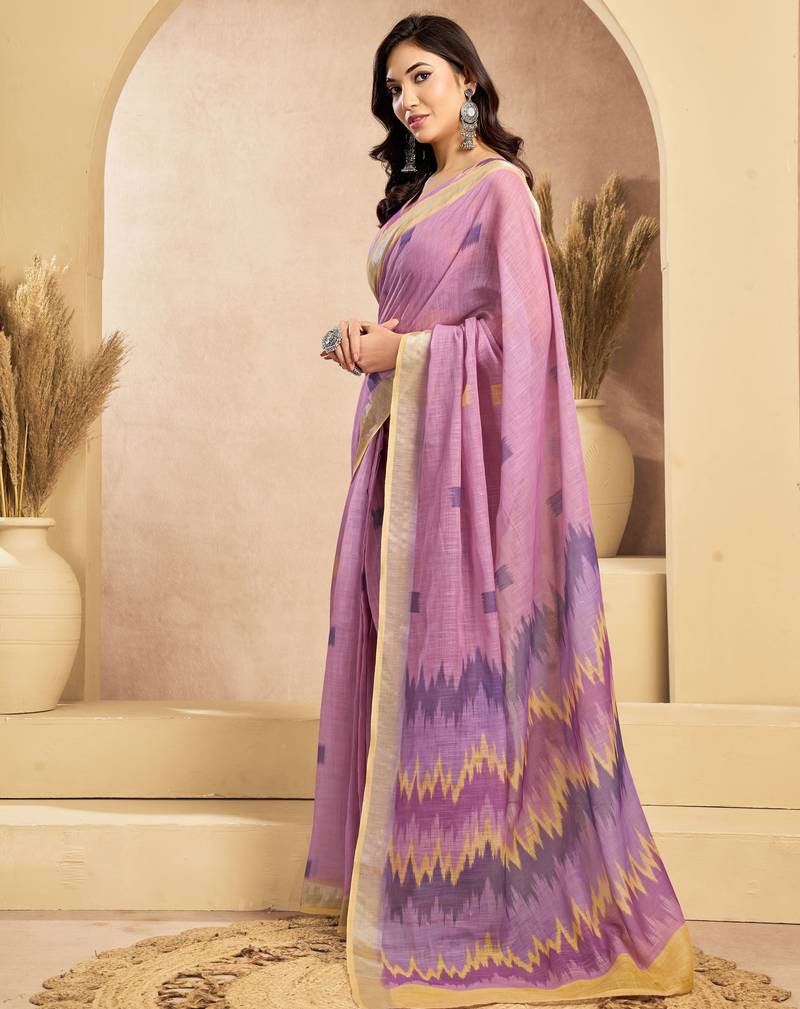 Lavender linen woven sqaure printed ready to wear saree with pocket