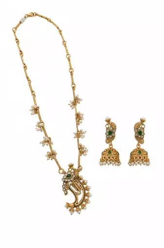 Traditional temple gold-plated peacock Necklace :: set with pearls & jhumka earrings