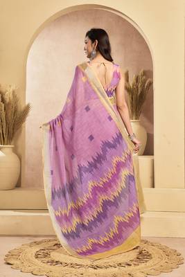 Lavender linen woven sqaure printed ready to wear saree with pocket 3