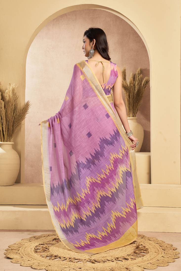 Lavender linen woven sqaure printed ready to wear saree with pocket