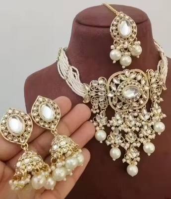 Traditional kundan beaded necklace set for women gold-plated bridal choker with earrings & tikka ethnic indian jewelry 1