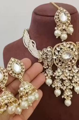 Traditional kundan beaded necklace set for women gold-plated bridal choker with earrings & tikka ethnic indian jewelry