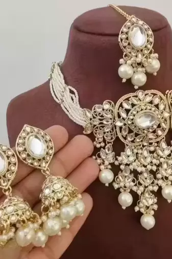 Traditional kundan beaded necklace set for women gold-plated bridal choker with earrings & tikka ethnic indian jewelry
