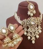 Traditional kundan beaded necklace set for women gold-plated bridal choker with earrings & tikka ethnic indian jewelry