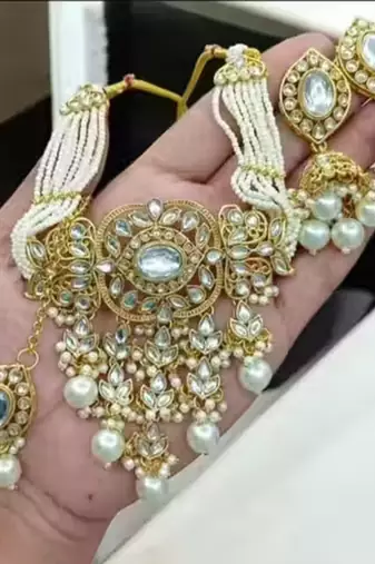Traditional kundan beaded necklace set for women gold-plated bridal choker with earrings & tikka ethnic indian jewelry