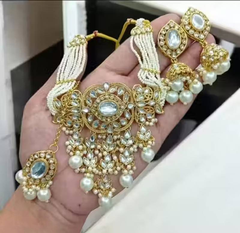 Traditional kundan beaded necklace set for women gold-plated bridal choker with earrings & tikka ethnic indian jewelry