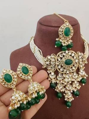 Traditional kundan beaded necklace set for women gold-plated bridal choker with earrings & tikka ethnic indian jewelry 1