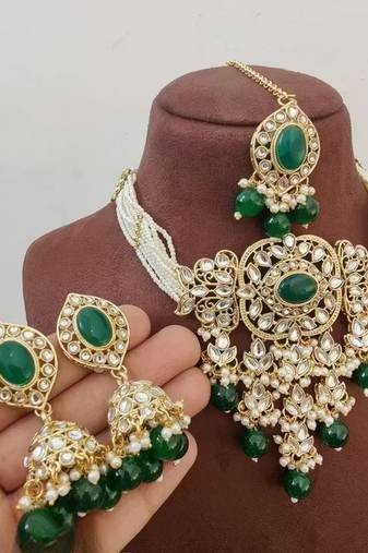 Traditional kundan beaded necklace set for women gold-plated bridal choker with earrings & tikka ethnic indian jewelry