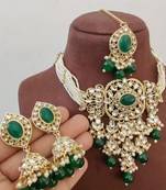 Traditional kundan beaded necklace set for women gold-plated bridal choker with earrings & tikka ethnic indian jewelry