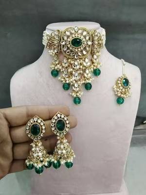 Traditional kundan beaded necklace set for women gold-plated bridal choker with earrings & tikka ethnic indian jewelry 2