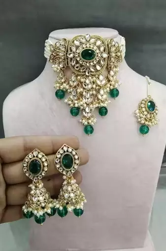 Traditional kundan beaded necklace set for women gold-plated bridal choker with earrings & tikka ethnic indian jewelry