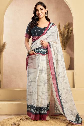 Off white linen striped printed ready to wear saree with pocket