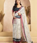 Off white linen striped printed ready to wear saree with pocket