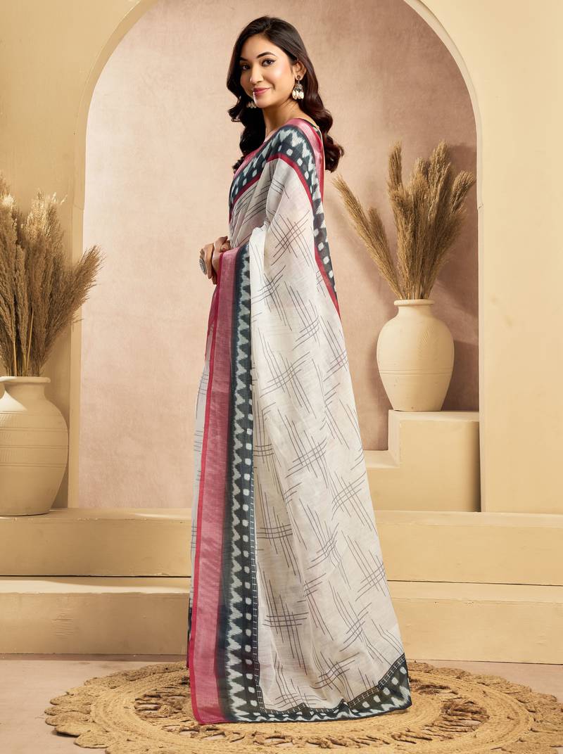 Off white linen striped printed ready to wear saree with pocket
