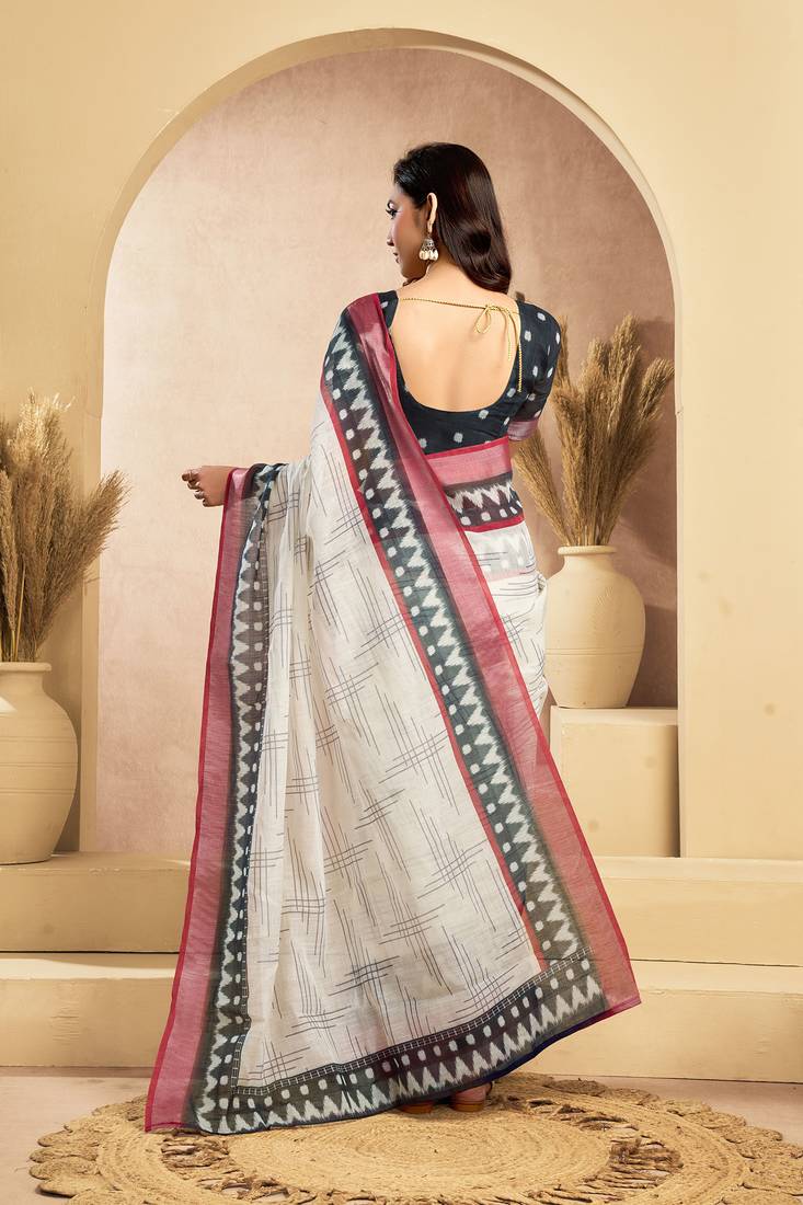 Off white linen striped printed ready to wear saree with pocket
