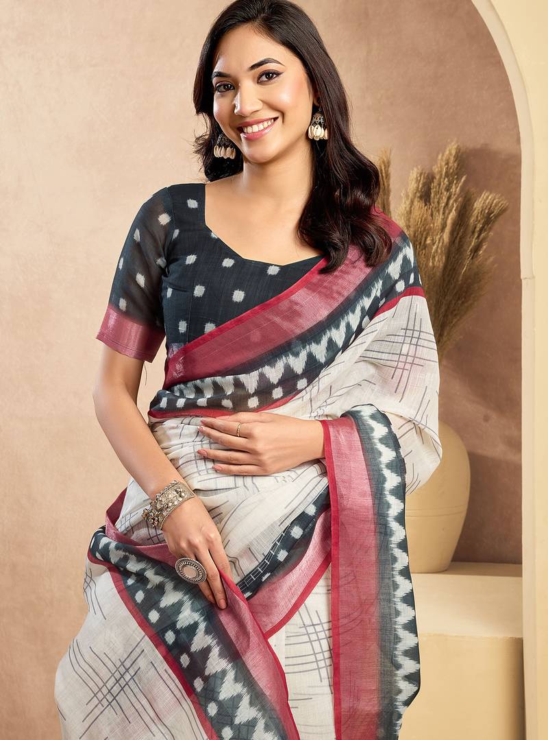 Off white linen striped printed ready to wear saree with pocket