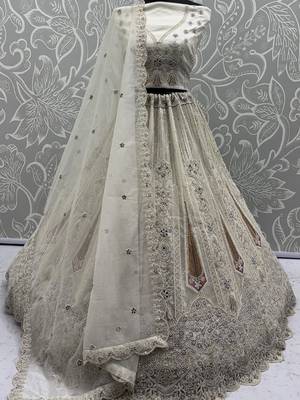 white diamond work net lehenga set choli with dupatta 6