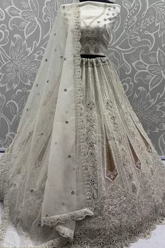 white diamond work net lehenga set choli with dupatta