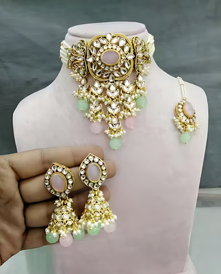 Traditional kundan beaded necklace set for women gold-plated bridal choker with earrings & tikka ethnic indian jewelry 1