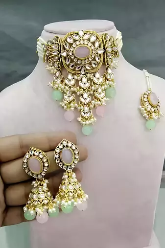 Traditional kundan beaded necklace set for women gold-plated bridal choker with earrings & tikka ethnic indian jewelry