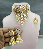 Traditional kundan beaded necklace set for women gold-plated bridal choker with earrings & tikka ethnic indian jewelry