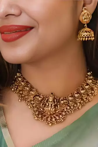 Traditional lakshmi temple necklace set for women gold-tone bridal jewelry with earrings, ethnic south indian choker