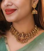 Traditional lakshmi temple necklace set for women gold-tone bridal jewelry with earrings, ethnic south indian choker