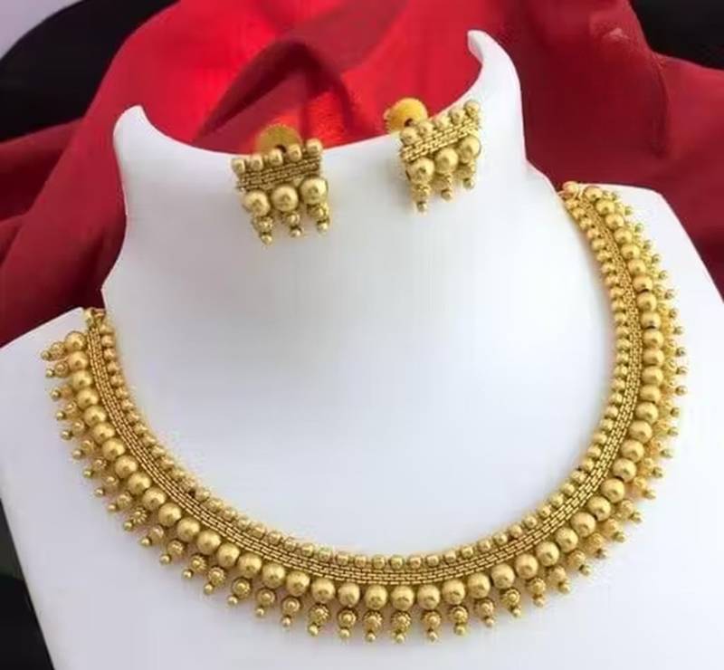 Elegant gold-tone beaded choker necklace set for women     traditional ethnic jewelry with earrings, bridal & party wear