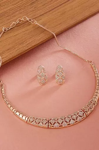 Rose-gold plated white cz-studded jewellery set