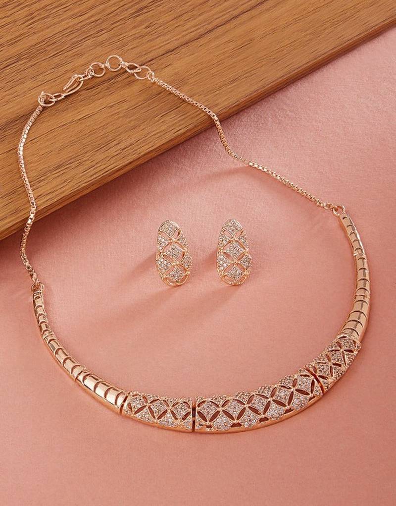 Rose-gold plated white cz-studded jewellery set