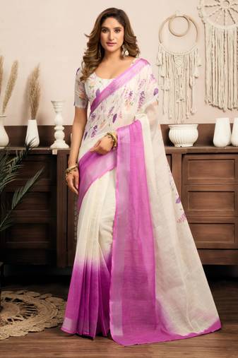 White linen floral printed ready to wear saree