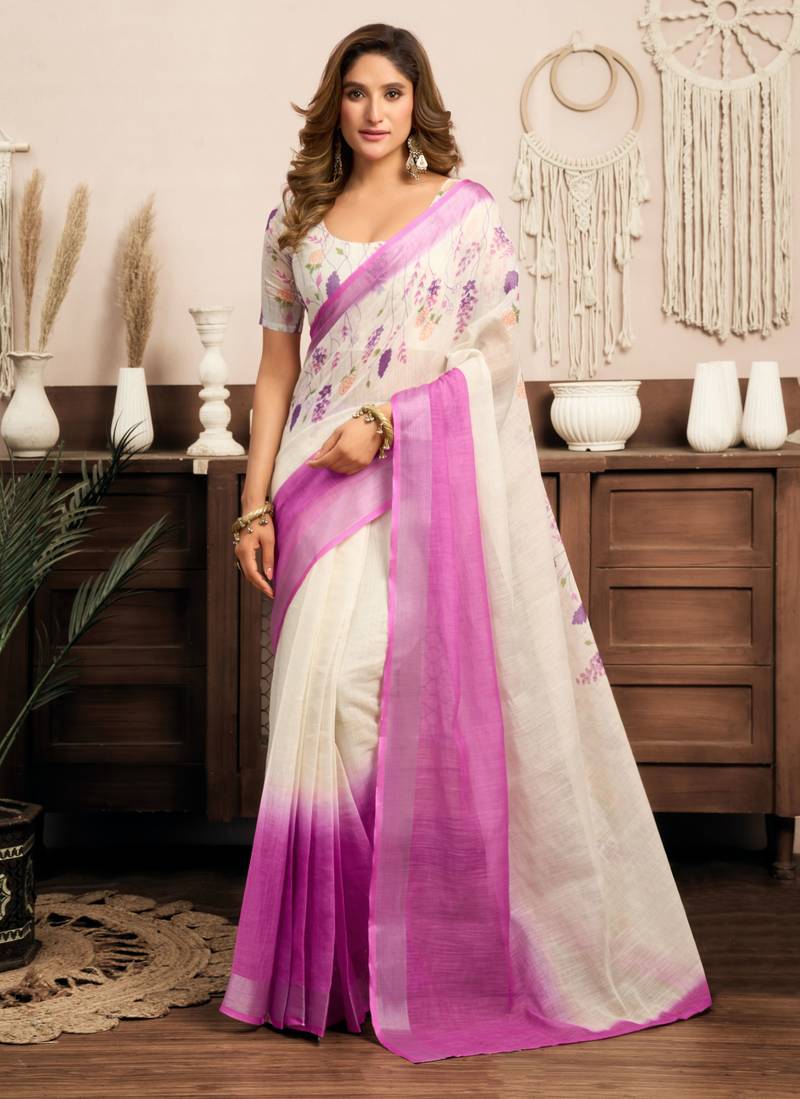 White linen floral printed ready to wear saree