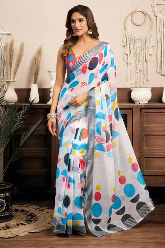 White linen abstract and geometric printed ready to wear saree
