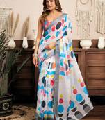 White linen abstract and geometric printed ready to wear saree