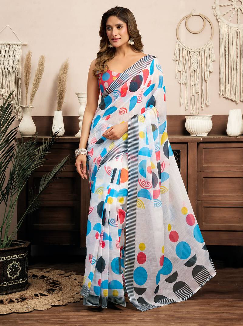 White linen abstract and geometric printed ready to wear saree