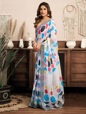 White linen abstract and geometric printed ready to wear saree 3