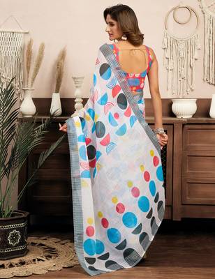 White linen abstract and geometric printed ready to wear saree 4