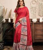 Red linen plain printed ready to wear saree