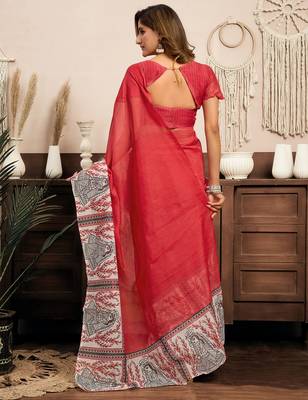 Red linen plain printed ready to wear saree 4